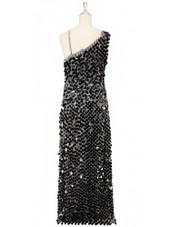 A long handmade sequin dress, in 20mm black paillette sequins with silver faceted beads and a luxe grey fabric background in a one-shoulder cut back view