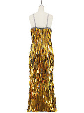 A long handmade sequin dress, in rectangular bullion gold paillette sequins with silver faceted beads and a luxe grey fabric background in a classic cut back view