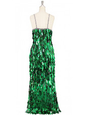 A long handmade sequin dress, in rectangular emerald green paillette sequins with silver faceted beads and a luxe grey fabric background in a classic cut back view