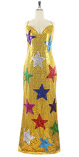In-Stock Long Gold Sequins Dress with Multi Colour Stars (L2020-0006)

SIZE: US 16 / UK 18 / EUR 48 (Measurements are shown as inches)
BUST: 43
WAIST: 36
HIPS: 46
G: 20 (mid top of shoulder to waist)
H Length: 63