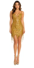 Short Handmade Gold Sequin Dress with Jagged Beaded Hemline