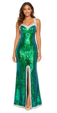 Handmade Long Hologram Green Gown with Silver Trims