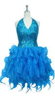 Handmade Round 8mm Sequin Short Dress in Hologram Turquoise with Turquoise Organza Skirt Front View