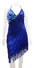 Short Blue Sequin Fabric Dress With Hologram Hanging Sequins