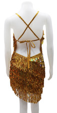 In-Stock Short Gold Sequin Fabric Dress With Hologram Hanging Sequins SIZE: US 12 / UK 14 / EUR 44 BUST: 39 WAIST: 32 HIPS: 42 G: 19 (mid top of shoulder to waist) SL1 Length: 15+5 SL2 Length: 20+2