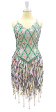 In-Stock In-Stock Short Handmade Sequin Dress with Silver and Green Hologram Sequins SIZE: US 08 / UK 10 / EUR 40 BUST: 37 WAIST: 30 HIPS: 40 G: 18 (mid top of shoulder to waist) SL1 Length: 13+5 SL2 Length: 17+2