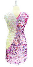 In-Stock Short Handmade Sleeveless Dual Color Metallic Jumbo Sequin Dress SIZE: US 14 / UK 16 / EUR 46 BUST: 41 WAIST: 34 HIPS: 44 G: 20 (mid top of shoulder to waist) SL1 Length: 18 SL2 Length: 