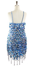 In-Stock Short Handmade Turquoise and Silver Hologram Sequin Dress SIZE: US 20 / UK 22 / EUR 52 BUST: 43 WAIST: 36 HIPS: 46 G: 20 (mid top of shoulder to waist) SL1 Length: 13+5 SL2 Length: 18+5