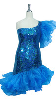 Short Handmade 10mm Flat Sequin Dress in Hologram Turquoise with One-shoulder Cut and Organza Skirt and Sleeve front view