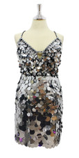 In-Stock Handmade Short Dress In Silver Metallic Hanging and Jumbo Sequins

SIZE: US 08 / UK 10 / EUR 40 (Measurements are shown as inches)
BUST: 37
WAIST: 30
HIPS: 40
G: 18 (mid top of shoulder to waist)
SL1 Length: 18