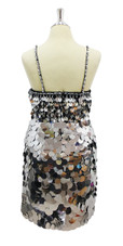 In-Stock Handmade Short Dress In Silver Metallic Hanging and Jumbo Sequins  SIZE: US 08 / UK 10 / EUR 40 BUST: 37 WAIST: 30 HIPS: 40 G: 18 (mid top of shoulder to waist) SL1 Length: 18