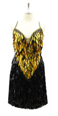 In-Stock Handmade Gold and Black Diamond Sequins Short Dress

SIZE: US 14 / UK 16 / EUR 46 (Measurements are shown as inches)
BUST: 43
WAIST: 36
HIPS: 46
G: 20 (mid top of shoulder to waist)
SL1 Length: 20