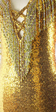 In-Stock Gold Sequin Fabric Long V-Shap Hemline Gown with Hanging Beads  SIZE: US 14 / UK 16 / EUR 46 BUST: 41 WAIST: 34 HIPS: 44 G: 20 (mid top of shoulder to waist) H Dress Hemline Length: 62