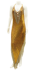 In-Stock Gold Sequin Fabric Long V-Shap Hemline Gown with Hanging Beads

SIZE: US 14 / UK 16 / EUR 46 (Measurements are shown as inches)
BUST: 41
WAIST: 34
HIPS: 44
G: 20 (mid top of shoulder to waist)
H Dress Hemline Length: 62