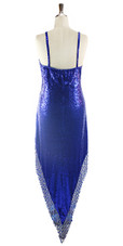 In-Stock Blue Sequin Fabric Long V-Shap Hemline Gown with Hanging Beads  SIZE: US 20 / UK 22 / EUR 52 BUST: 47 WAIST: 40 HIPS: 50 G: 22 (mid top of shoulder to waist) H Dress Hemline Length: 62