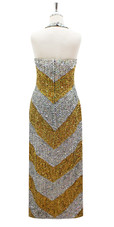In-Stock Long Handmade Hologram Gold and Silver 8mm Sequin Gown  SIZE: US 12 / UK 14 / EUR 44 BUST: 39 WAIST: 32 HIPS: 42 G: 19.5 (mid top of shoulder to waist) H Dress Hemline Length: 62 Slit: 26