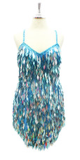 Handmade Short Metallic Diamond Shapped Sequins Dress In Torquoise Blue and Silver