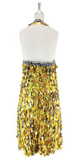 A short handmade sequin dress, in 20mm metallic iridescent gold paillette sequins with silver faceted beads, a luxe grey fabric backround and a halter neck cut back view
