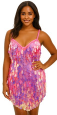 Handmade Short Hologram Tear Shapped Sequins Dress In Pink and Silver