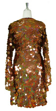 Short Handmade 30mm Paillette Hanging Hologram Brown Sequin Dress with V Neck and Oversized Sleeves back view