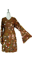Short Handmade 30mm Paillette Hanging Hologram Brown Sequin Dress with V Neck and Oversized Sleeves