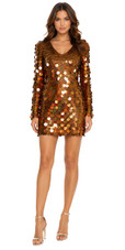 Short Handmade Paillette Hologram Brown Sequin Dress with Oversized Sleeves