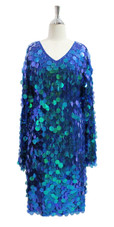 Handmade Short 30MM Transparent Sequins with Blue Fabric and Long Bell Sleeves