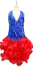 Show Choir Short Handmade Dress with Tear Drop Hanging Blue Hologram Sequin with Organza Skirt