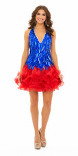 Show Choir Short Handmade Dress with Tear Drop Hanging Blue Hologram Sequin with Organza Skirt