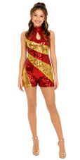 Show Choir Red and Gold Sequin Fabric Jumpsuit with Keyhole Neck