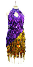 Show Choir Handmade Short Metallic Sequins Dress In Purple and Gold with Jagged Beaded Hemline