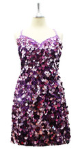 In-Stock Handmade Short Dress In Purple Metallic Hanging Sequins In Size US 18/UK 20/Euro 50