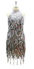 In-Stock Handmade Short Rectangle Metallic Silver Sequins with Jagged Beaded Hemline In Size US 14/UK 16/Euro 46