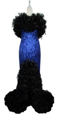 Long Handmade 8mm Cupped Sequin Dress in Hologram Dark Blue with Black Organza Ruffles front view