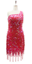 Short Fuschia Dress with Hanging Transparent Sequins and Jagged Beaded Hemline
