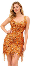 Short Dress In Gold Sequin Fabric and Hanging Sequins