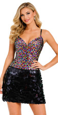 Handmade Short Dress In 8mm Multi-Sequins Top and Jumbo Black Sequin Skirt