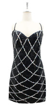 Handmade Short Dress In 8mm Black Metallic Sequins with Silver Hologram Diamond Pattern