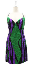Handmade Short Dress In 8mm Black Purple And Green Metallic Sequins Pattern Dress