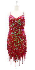 Handmade Short Dress Iridescent Red Metallic Sequin with Jagged Beaded Hemline