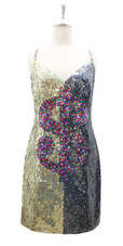 Handmade Short Dress In 8mm Gold and Black Metallic Sequin with Multi-Color Dollar Symbol