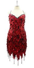 In-Stock Handmade Short Dress In Red Hologram Hanging Sequins In Size US 18/UK 20/Euro 50