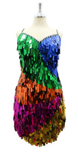 In-Stock Handmade Short Dress In Multi-Color Metallic Hanging Sequins In Size US 18/UK 20/Euro 50