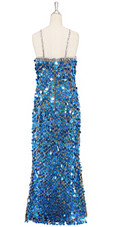 A long handmade sequin dress, in 20mm hologram dark blue paillette sequins with silver faceted beads and a luxe grey fabric background in a classic cut back view