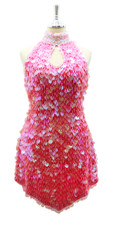 In-Stock Handmade Short Dress In Pink Iridescent Hanging Sequins In Size US 14/UK 16/Euro 46