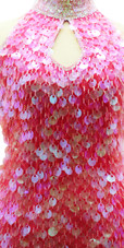 In-Stock Handmade Short Dress In Pink Iridescent Hanging Sequins In Size US 14/UK 16/Euro 46