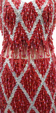 In-Stock Handmade Short Dress In Red Hanging Beads and Silver Sequins In Size US 18/UK 20/Euro 50