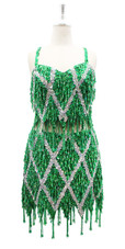 In-Stock Handmade Short Dress In Green Hanging Beads and Silver Sequins In Size US 18/UK 20/Euro 50