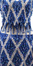 In-Stock Handmade Short Dress In Blue Hanging Beads and Silver Sequins In Size US 18/UK 20/Euro 50