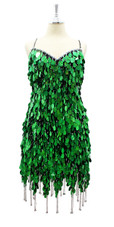 Short Handmade Sequin Dress in Hologram Green Tear Shaped Sequins with Jagged Beaded Hemline